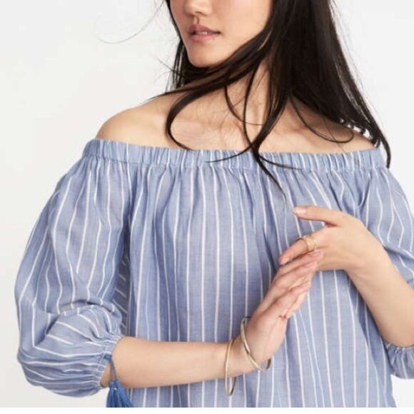 GAP Cotton Oversized Striped Off Shoulder Blouse Blue White S - Picture 3 of 7